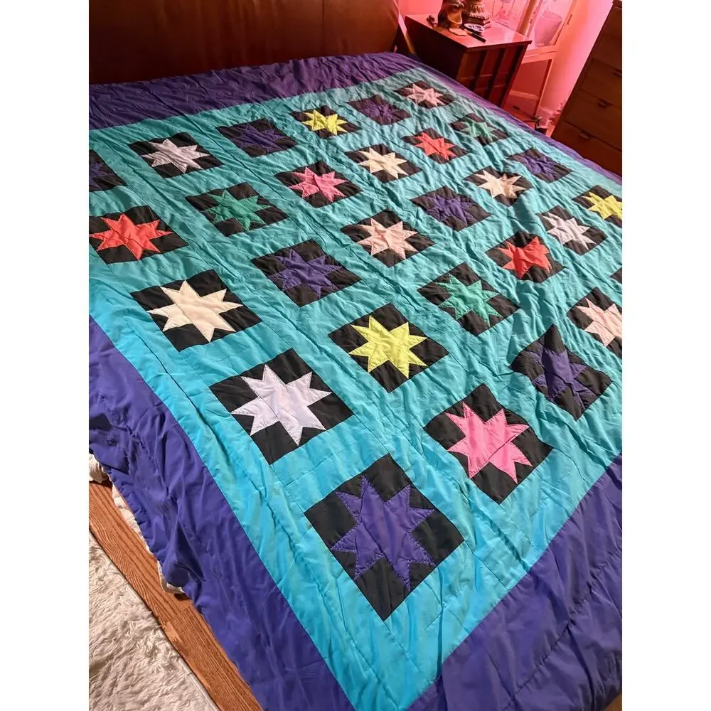 Vintage Handmade Patchwork Quilt King Size Hand Sewn Colorful Star Geometric